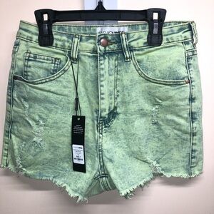Green acid wash stretch denim shorts